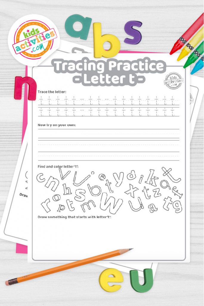 Hoja de ejercicios gratis para practicar la letra T: Trazarla, escribirla, encontrarla y dibujarla