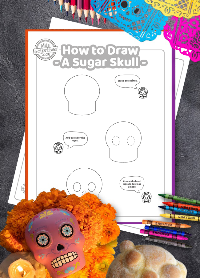 Enkel sockerskalle-ritningshandledning för barn som du kan skriva ut