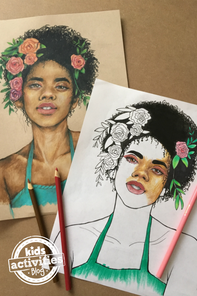 Pagina da colorare di ritratto floreale stampabile gratuitamente per bambini e adulti